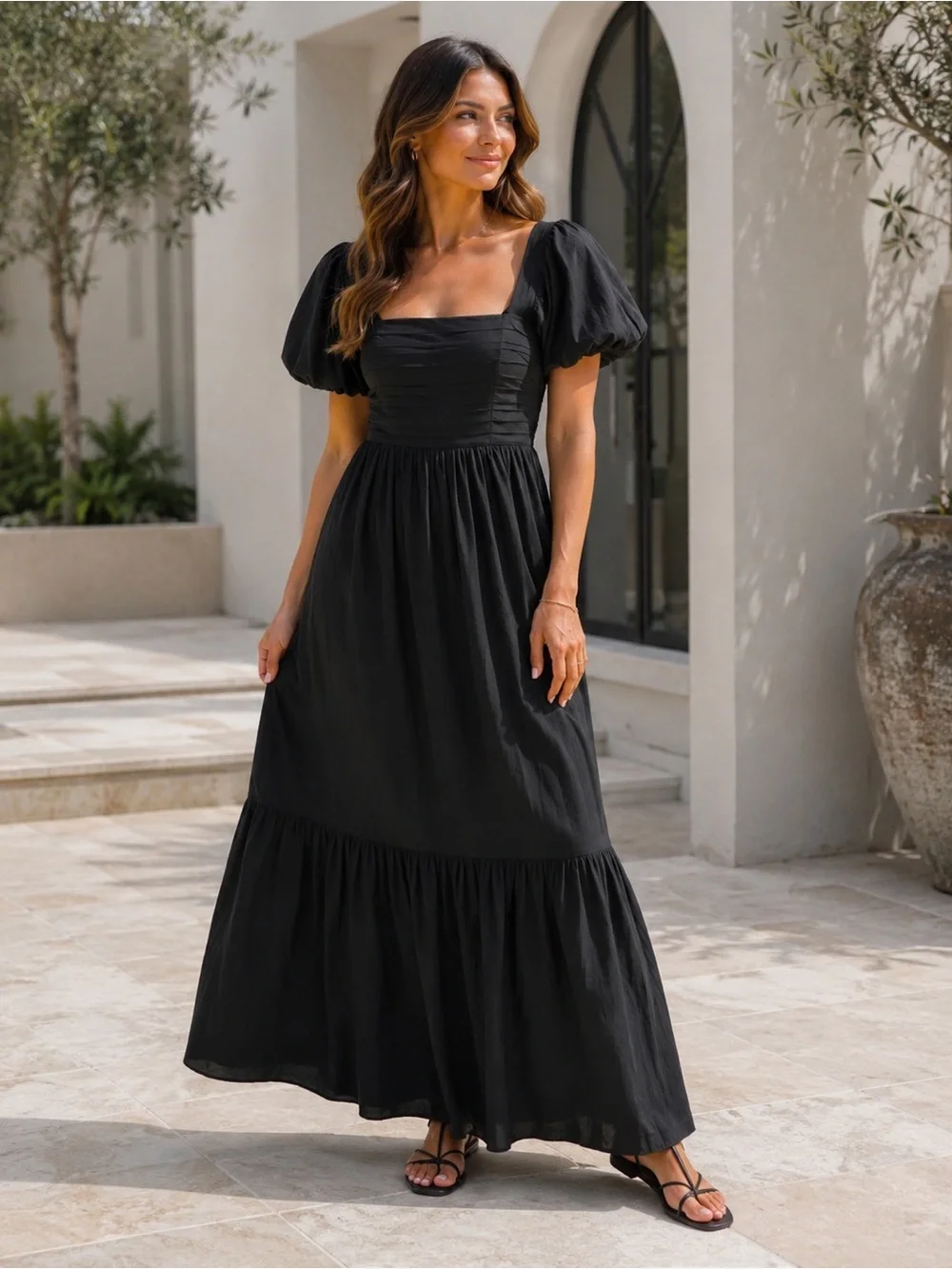 NWT Abercrombie‎ & Fitch Emerson Black Puff-Sleeve Maxi Dress Open Back XS